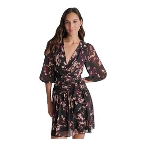 DKNY Women's Crinkle-Chiffon Faux-Wrap Mini Dress Black Floral Sizes 2 6 8 10 12
